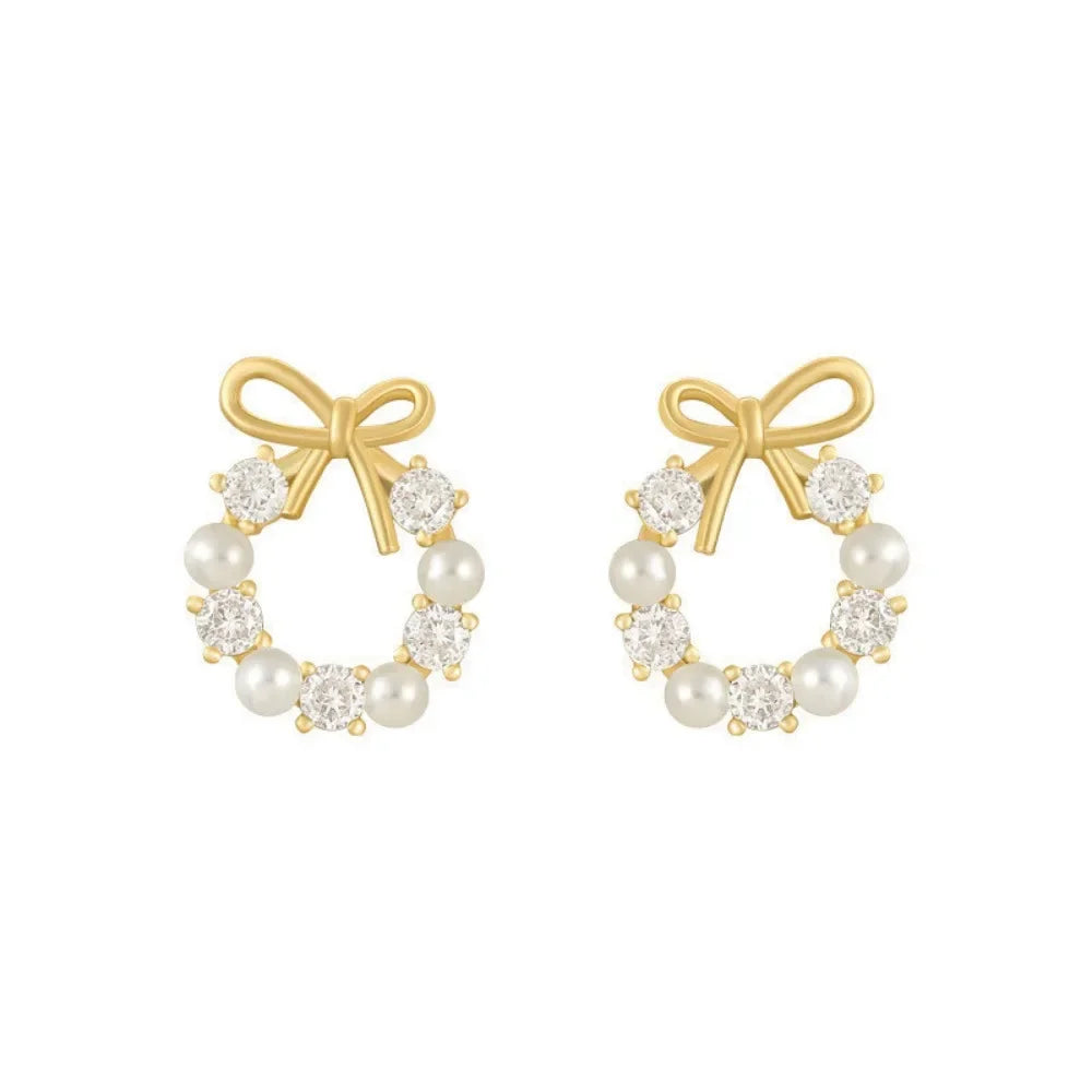Femmique Small Bow Stud Earrings - White & Gold