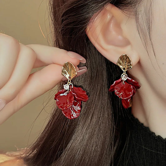 Femmique Red Bloom Petal Earrings - Gold With Leaf Detail.
