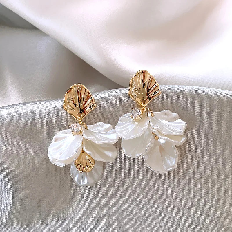 Femmique Red Bloom Petal Earrings - Gold With Leaf Detail.