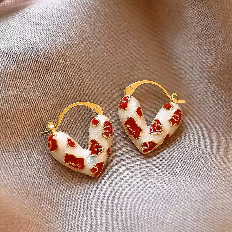 Femmique Red Bloom Petal Earrings - Gold With Leaf Detail.