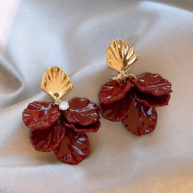 Femmique Red Bloom Petal Earrings - Gold With Leaf Detail.